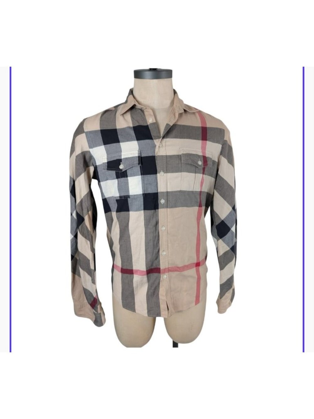 Burberry Brit Mens Beige Plaid Long Sleeve Button-Up Shirt Size M